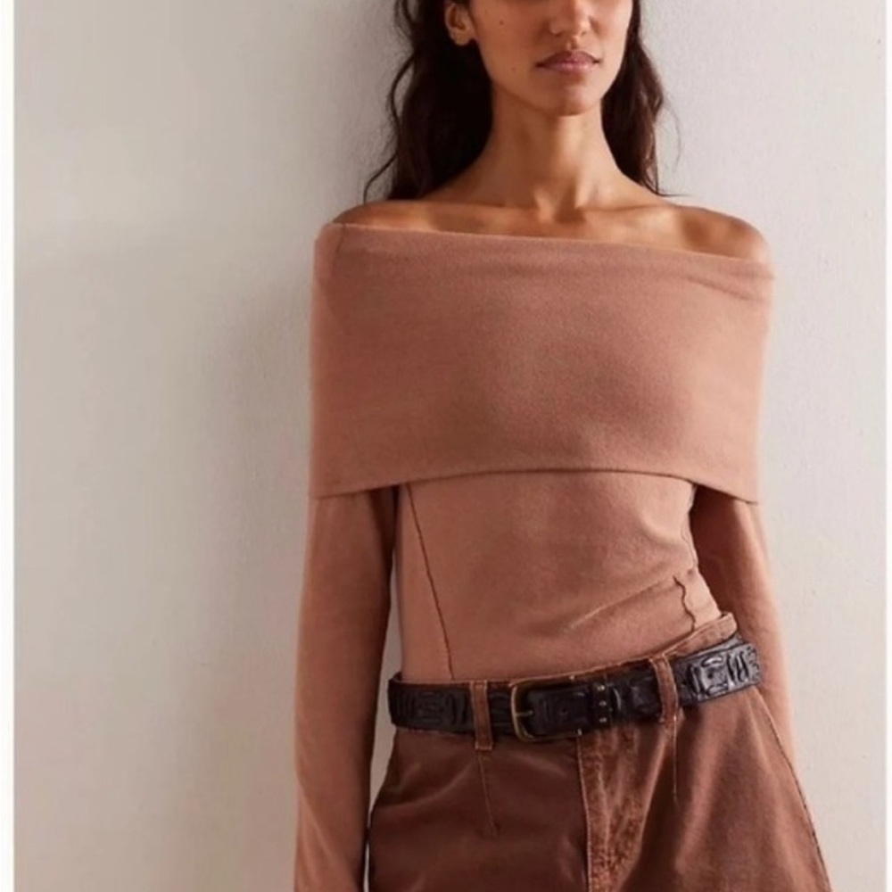 New We The Free Off-Shoulder Tan Sweater